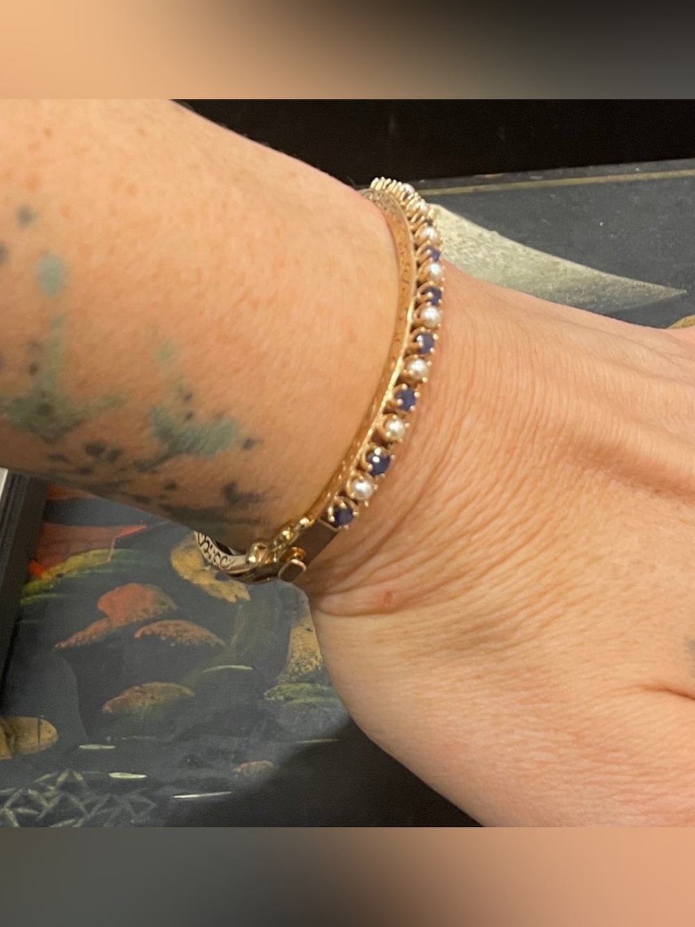 Vintage 14K Sapphire and Pearl Hinged Bracelet